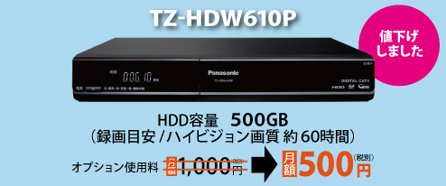 TZ-HDW600P HDD容量 250GB。録画目安、ハイビジョン画質 約23時間、標準画質 約68時間。オプション使用料月額 1,050円(税別)